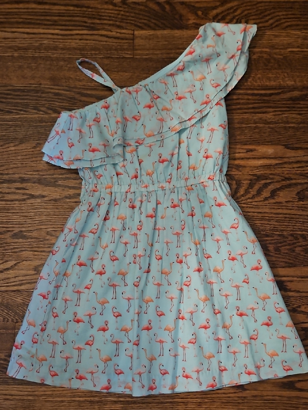 Janie and Jack Light Blue Flamingo One-Shoulder Dress